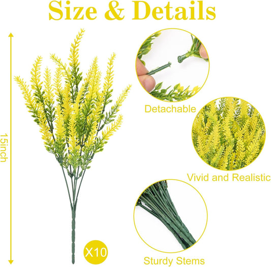 10 Bundles Fake Flowers Artificial Lavender Plants, Yellow | Faux plastic plants for home wedding kitchen garden patio porch window box office table centerpieces indoor outdoor decor