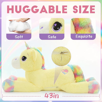 43in Giant Unicorn Plush Toys,Big Yellow Unicorn Stuffed Animals | Lovely Unicorns Birthday Decorations for Children,Great Gifts for Girls Boys Kids Christmas Valentines Birthday