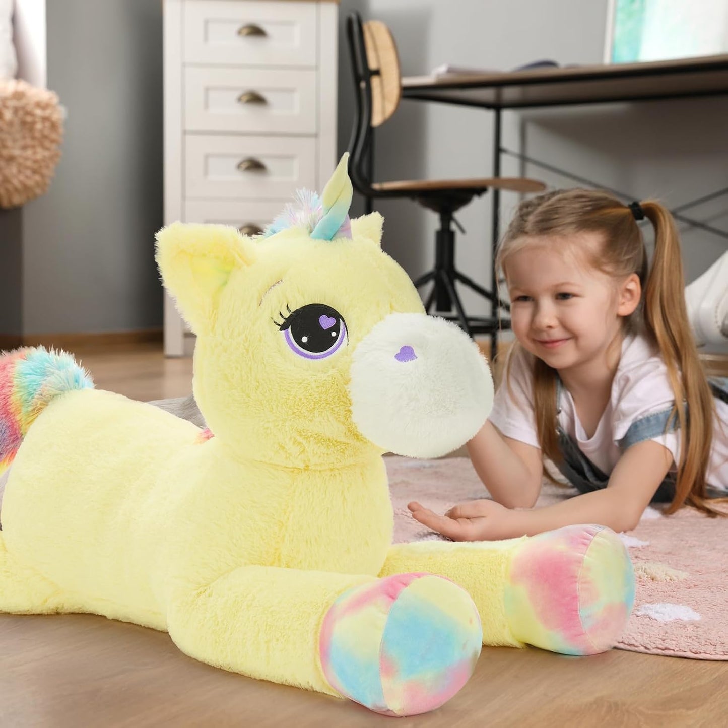 43in Giant Unicorn Plush Toys,Big Yellow Unicorn Stuffed Animals | Lovely Unicorns Birthday Decorations for Children,Great Gifts for Girls Boys Kids Christmas Valentines Birthday