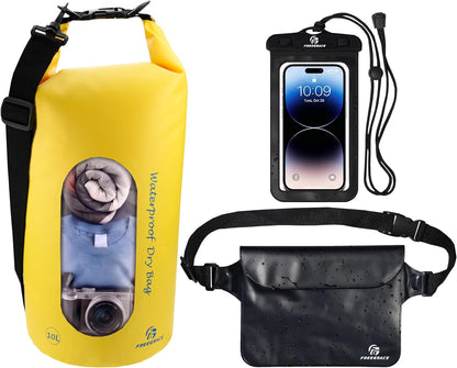 Waterproof Dry Bag Set of 3 - Submersible Dry Sack with Double Zip Lock Seals - Includes Waist Pouch & Phone Case - Perfect for Kayaking, Swimming, Boating & Rafting (Yellow(Window), 5L)