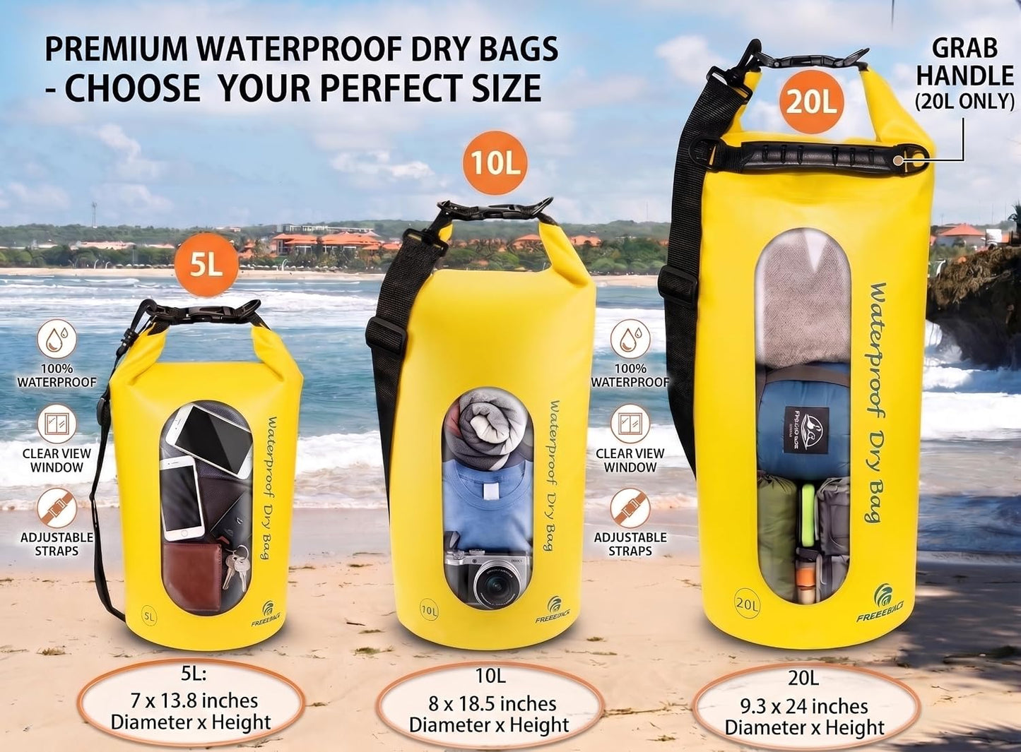 Waterproof Dry Bag Set of 3 - Submersible Dry Sack with Double Zip Lock Seals - Includes Waist Pouch & Phone Case - Perfect for Kayaking, Swimming, Boating & Rafting (Yellow(Window), 5L)