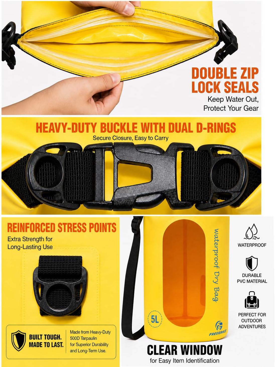 Waterproof Dry Bag Set of 3 - Submersible Dry Sack with Double Zip Lock Seals - Includes Waist Pouch & Phone Case - Perfect for Kayaking, Swimming, Boating & Rafting (Yellow(Window), 5L)