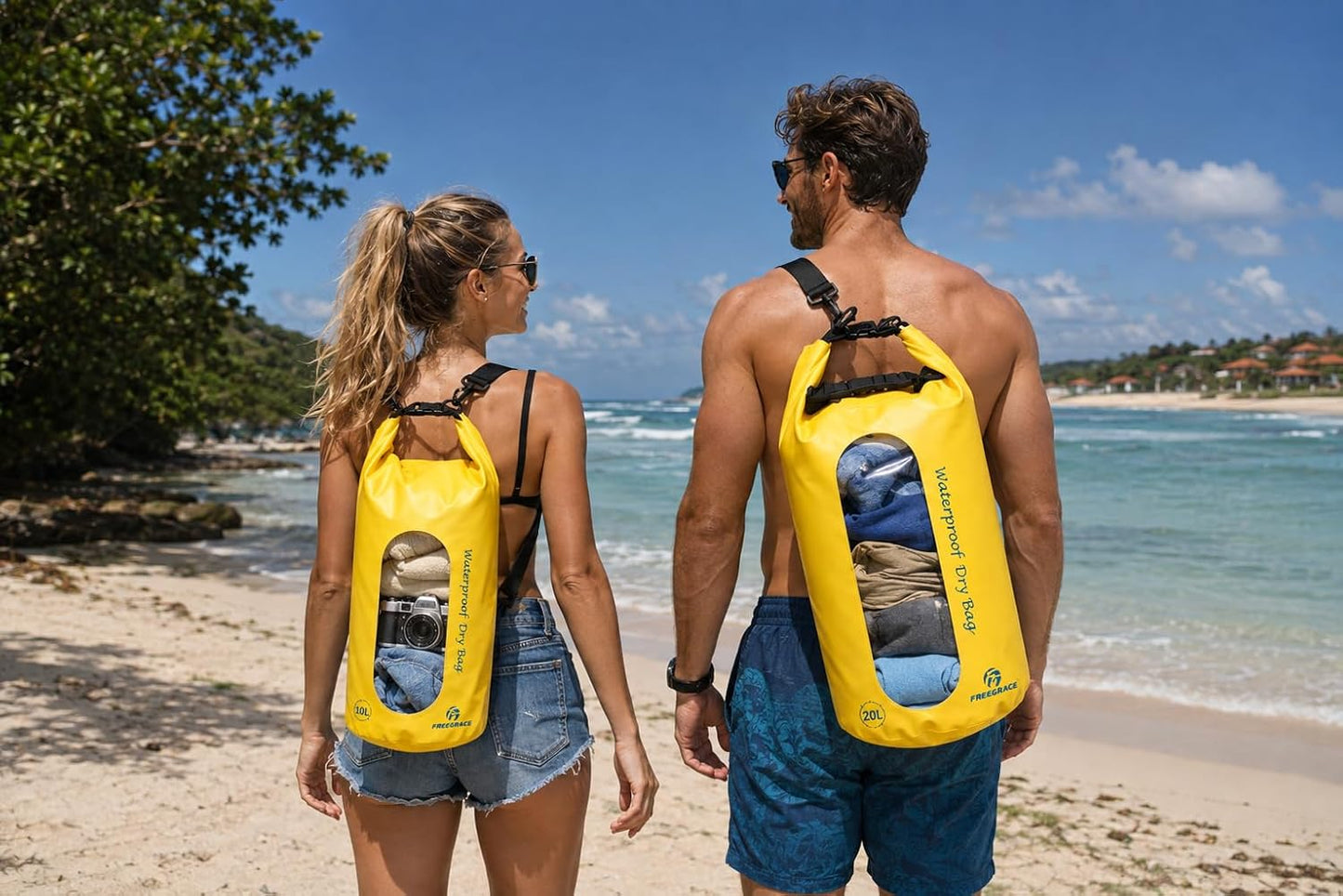 Waterproof Dry Bag Set of 3 - Submersible Dry Sack with Double Zip Lock Seals - Includes Waist Pouch & Phone Case - Perfect for Kayaking, Swimming, Boating & Rafting (Yellow(Window), 5L)