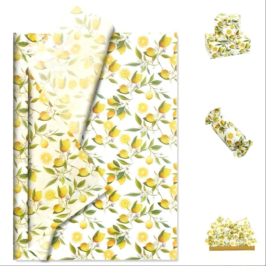 60 Sheets Lemon Tissue Paper for Gift Bags, 20 x 14IN Citrus Wrapping Paper Bulk, Watercolor Botanical Floral Gift Wrap for Summer, Birthday, Baby Bridal Shower
