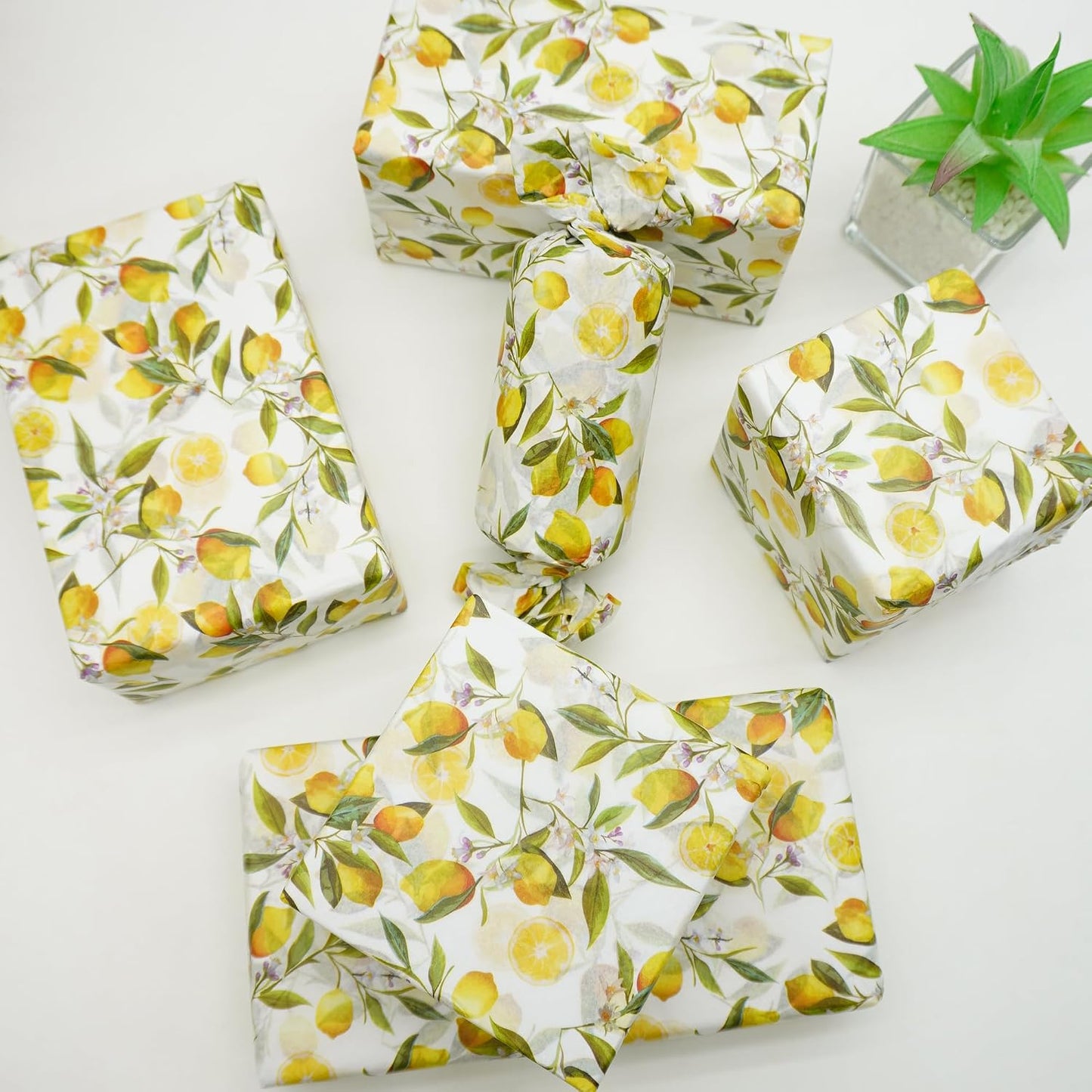 60 Sheets Lemon Tissue Paper for Gift Bags, 20 x 14IN Citrus Wrapping Paper Bulk, Watercolor Botanical Floral Gift Wrap for Summer, Birthday, Baby Bridal Shower
