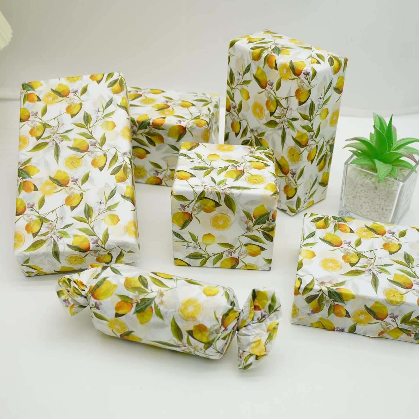 60 Sheets Lemon Tissue Paper for Gift Bags, 20 x 14IN Citrus Wrapping Paper Bulk, Watercolor Botanical Floral Gift Wrap for Summer, Birthday, Baby Bridal Shower