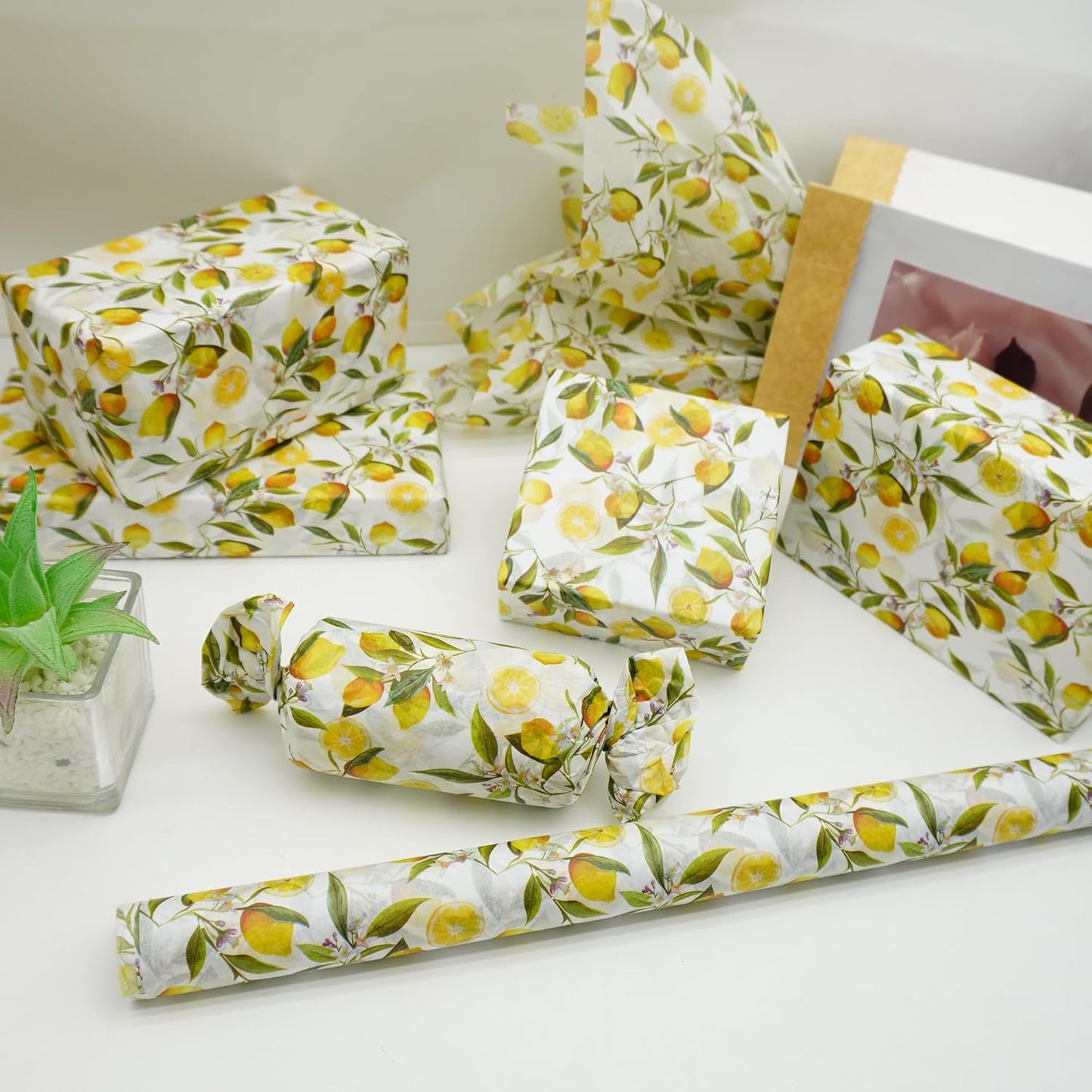 60 Sheets Lemon Tissue Paper for Gift Bags, 20 x 14IN Citrus Wrapping Paper Bulk, Watercolor Botanical Floral Gift Wrap for Summer, Birthday, Baby Bridal Shower