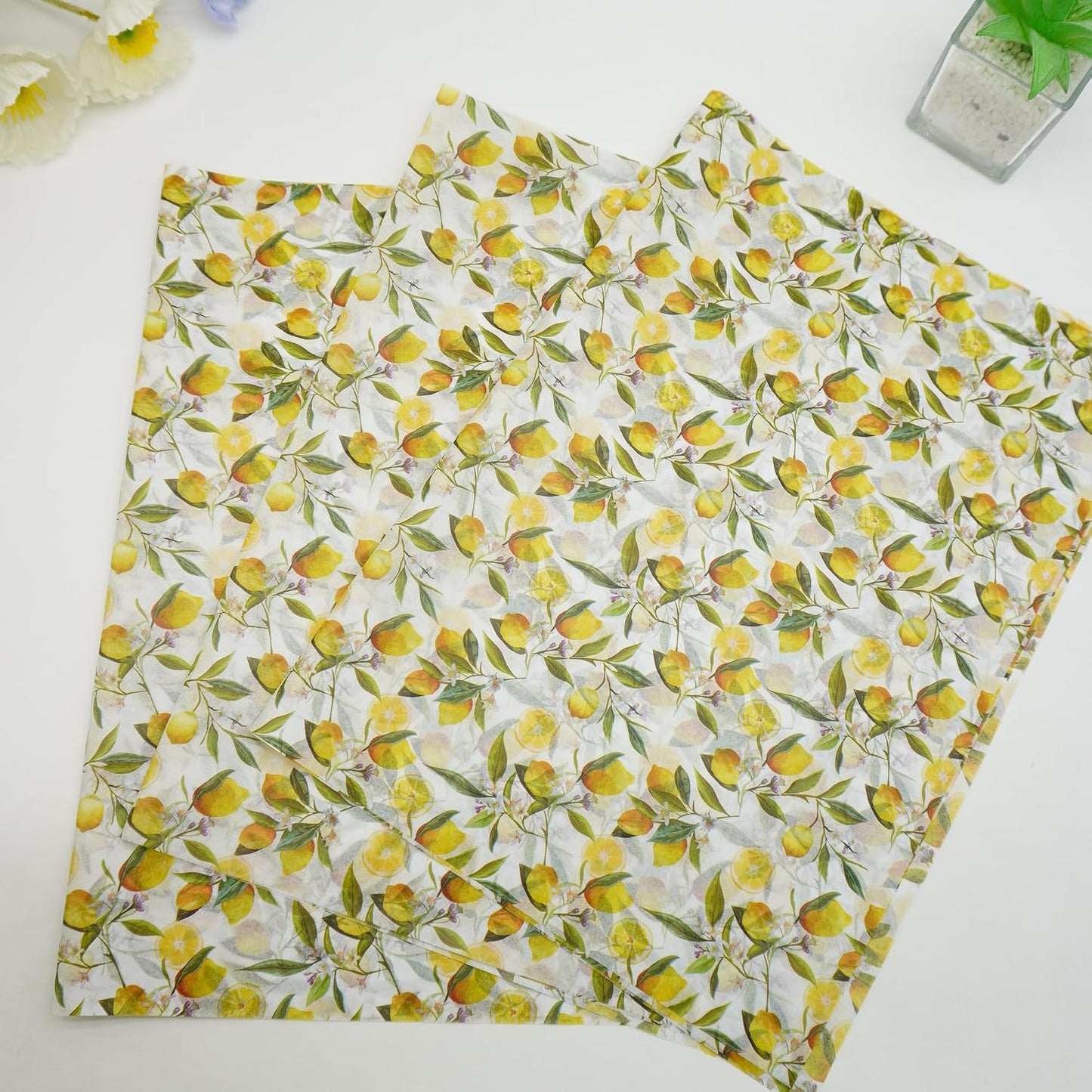 60 Sheets Lemon Tissue Paper for Gift Bags, 20 x 14IN Citrus Wrapping Paper Bulk, Watercolor Botanical Floral Gift Wrap for Summer, Birthday, Baby Bridal Shower