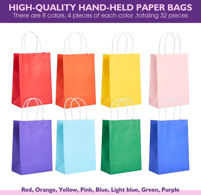 32 Pack Paper Gift Bags with Handles, 5.8"×3.2"×8.25" Party Favor Bags, Gift Bags, Small Gift Bags with Handles, Party Bags, Small Goodie Bags Bulk for Birthday, Crafts, Wedding, Party Supplies (8 Colors)