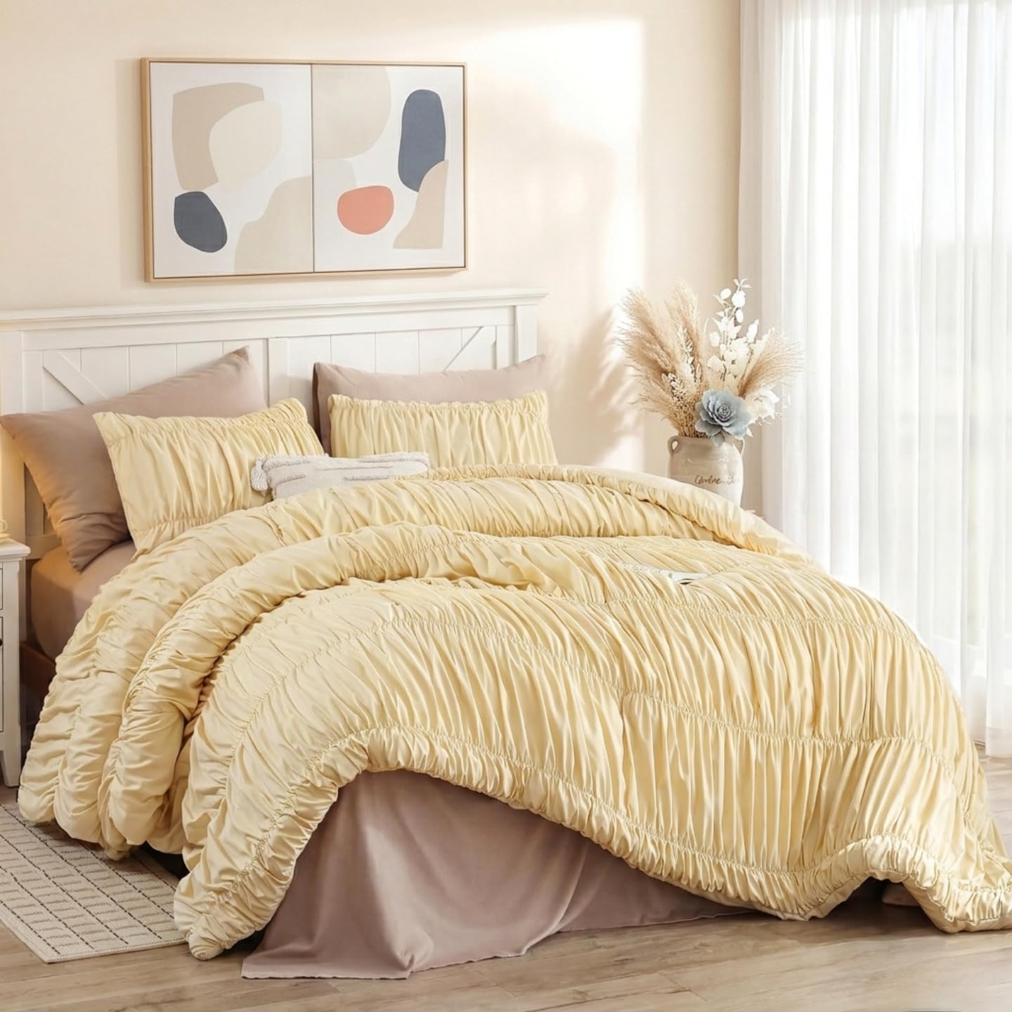 Cinched Comforter Set Queen – Soft Ruched Bedding Set, 3PCS Light Yellow All-Season Fluffy Lightweight Comforter with Pillowcases for Bedroom, Apartment & Dorm Decor