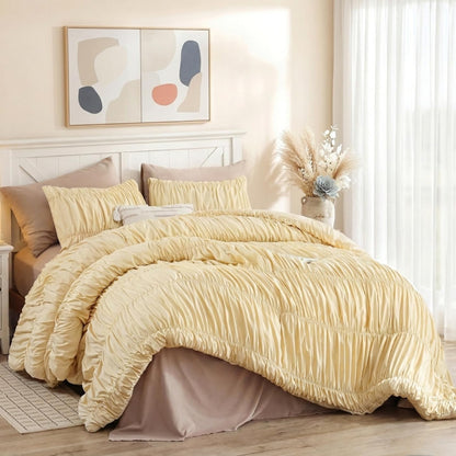 Cinched Comforter Set Queen – Soft Ruched Bedding Set, 3PCS Light Yellow All-Season Fluffy Lightweight Comforter with Pillowcases for Bedroom, Apartment & Dorm Decor