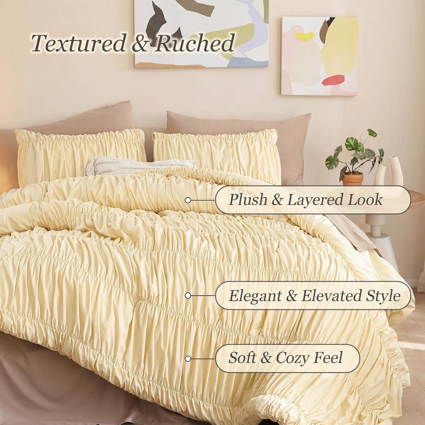 Cinched Comforter Set Queen – Soft Ruched Bedding Set, 3PCS Light Yellow All-Season Fluffy Lightweight Comforter with Pillowcases for Bedroom, Apartment & Dorm Decor