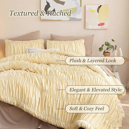 Cinched Comforter Set Queen – Soft Ruched Bedding Set, 3PCS Light Yellow All-Season Fluffy Lightweight Comforter with Pillowcases for Bedroom, Apartment & Dorm Decor