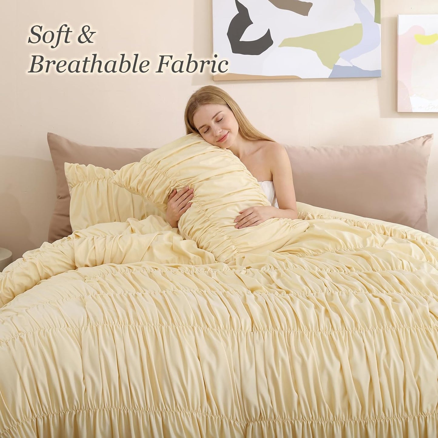 Cinched Comforter Set Queen – Soft Ruched Bedding Set, 3PCS Light Yellow All-Season Fluffy Lightweight Comforter with Pillowcases for Bedroom, Apartment & Dorm Decor