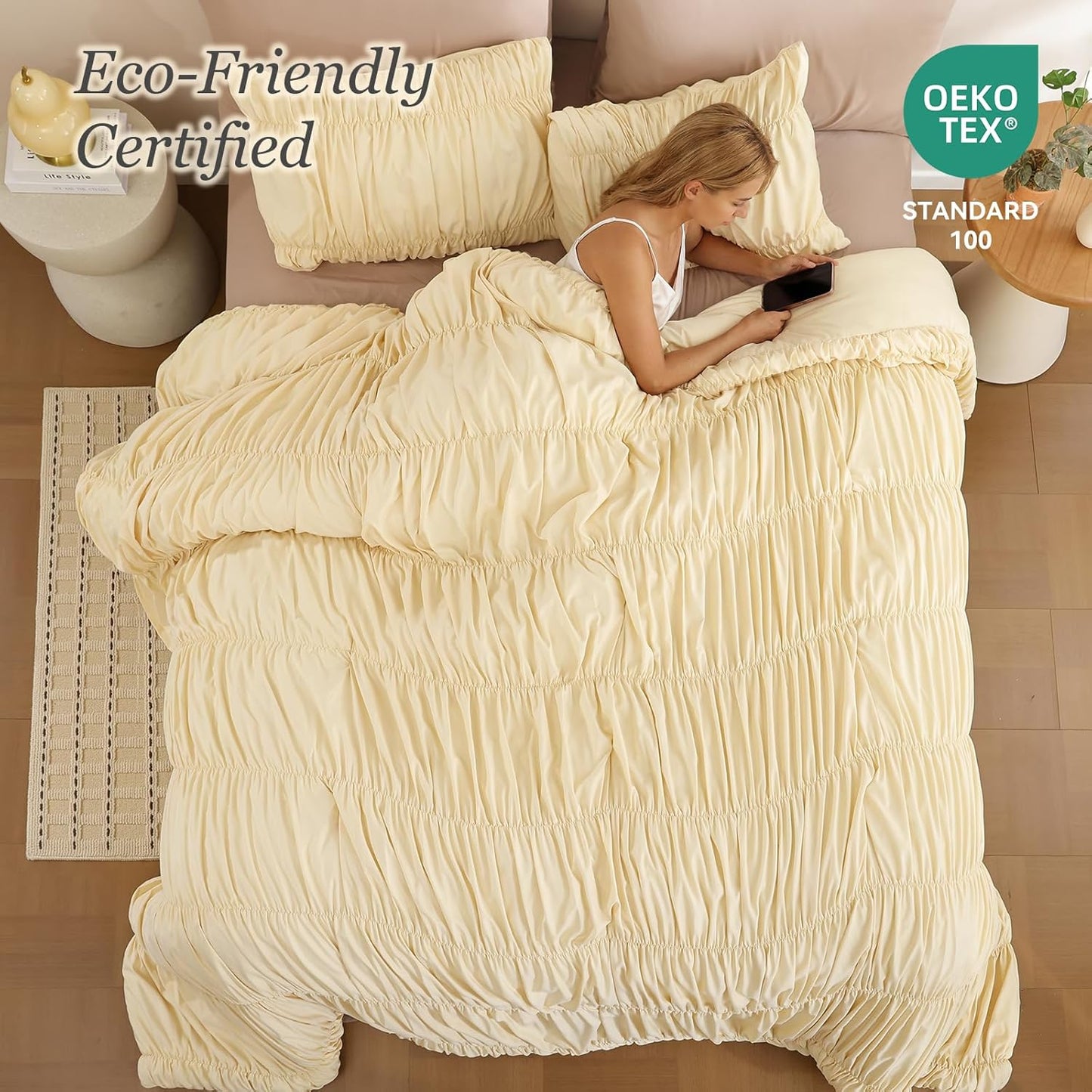 Cinched Comforter Set Queen – Soft Ruched Bedding Set, 3PCS Light Yellow All-Season Fluffy Lightweight Comforter with Pillowcases for Bedroom, Apartment & Dorm Decor