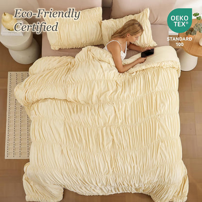 Cinched Comforter Set Queen – Soft Ruched Bedding Set, 3PCS Light Yellow All-Season Fluffy Lightweight Comforter with Pillowcases for Bedroom, Apartment & Dorm Decor