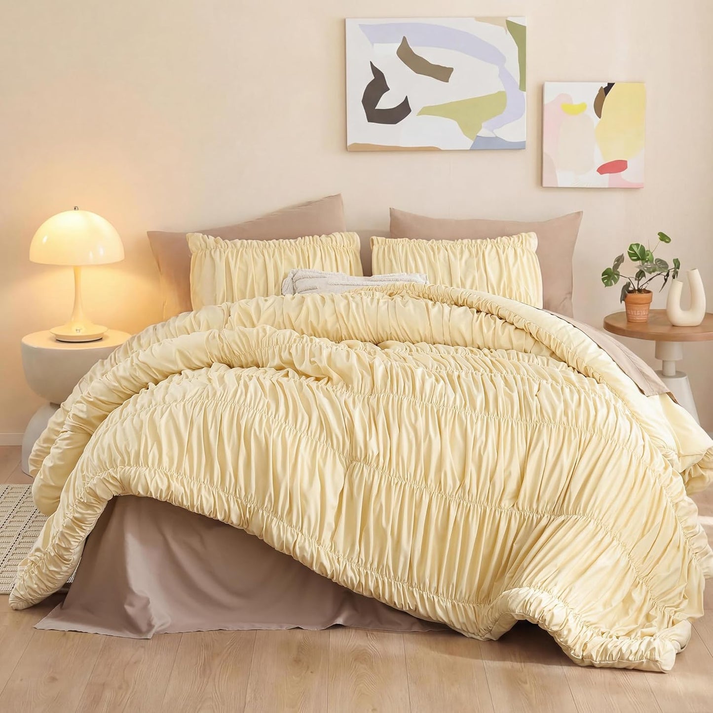 Cinched Comforter Set Queen – Soft Ruched Bedding Set, 3PCS Light Yellow All-Season Fluffy Lightweight Comforter with Pillowcases for Bedroom, Apartment & Dorm Decor