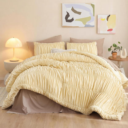 Cinched Comforter Set Queen – Soft Ruched Bedding Set, 3PCS Light Yellow All-Season Fluffy Lightweight Comforter with Pillowcases for Bedroom, Apartment & Dorm Decor