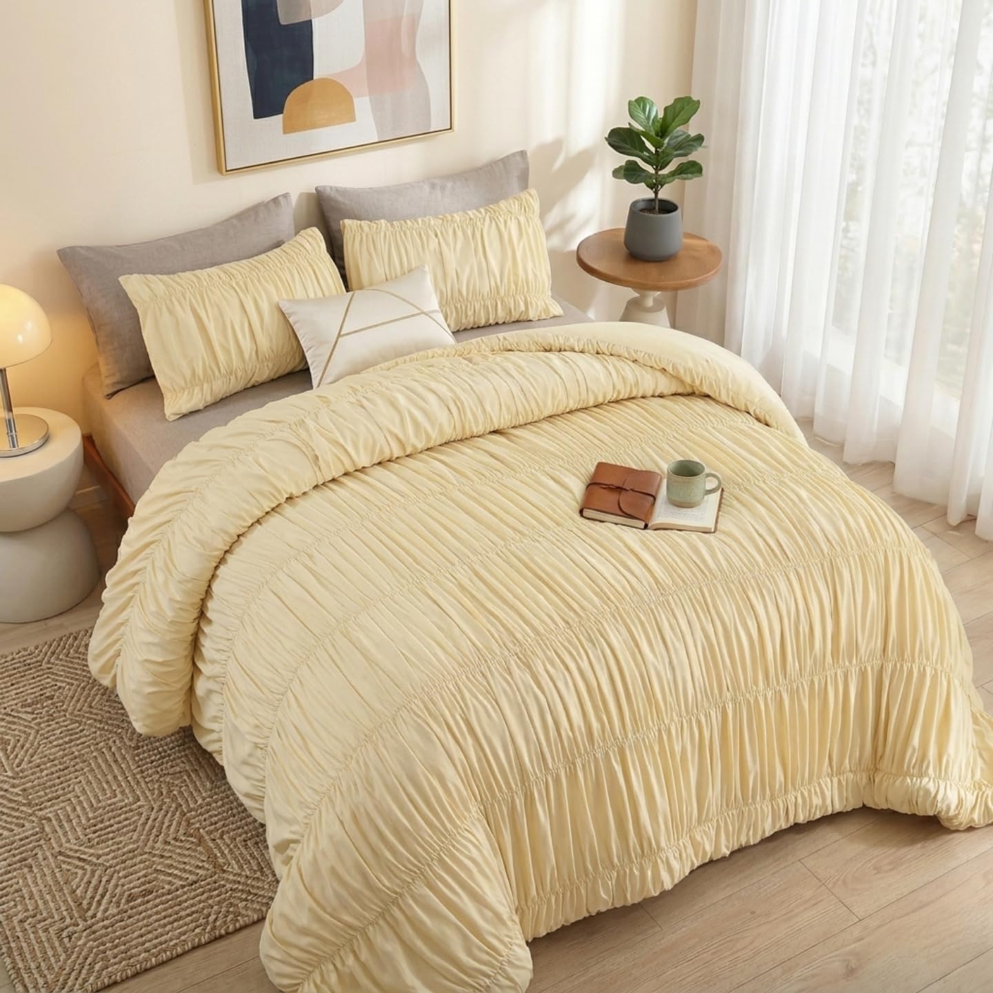 Cinched Comforter Set Queen – Soft Ruched Bedding Set, 3PCS Light Yellow All-Season Fluffy Lightweight Comforter with Pillowcases for Bedroom, Apartment & Dorm Decor