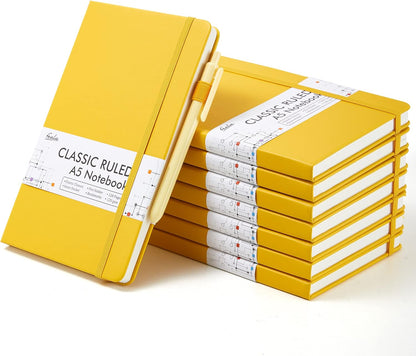 8 Pack Journal Notebook Bulk for School, Hardcover Business Notebooks Classic Ruled Lined Journals with Pen Holder for Work Note Taking, with 8 Black Pens, 120 GSM, 5.1”x8.3”, A5, Yellow