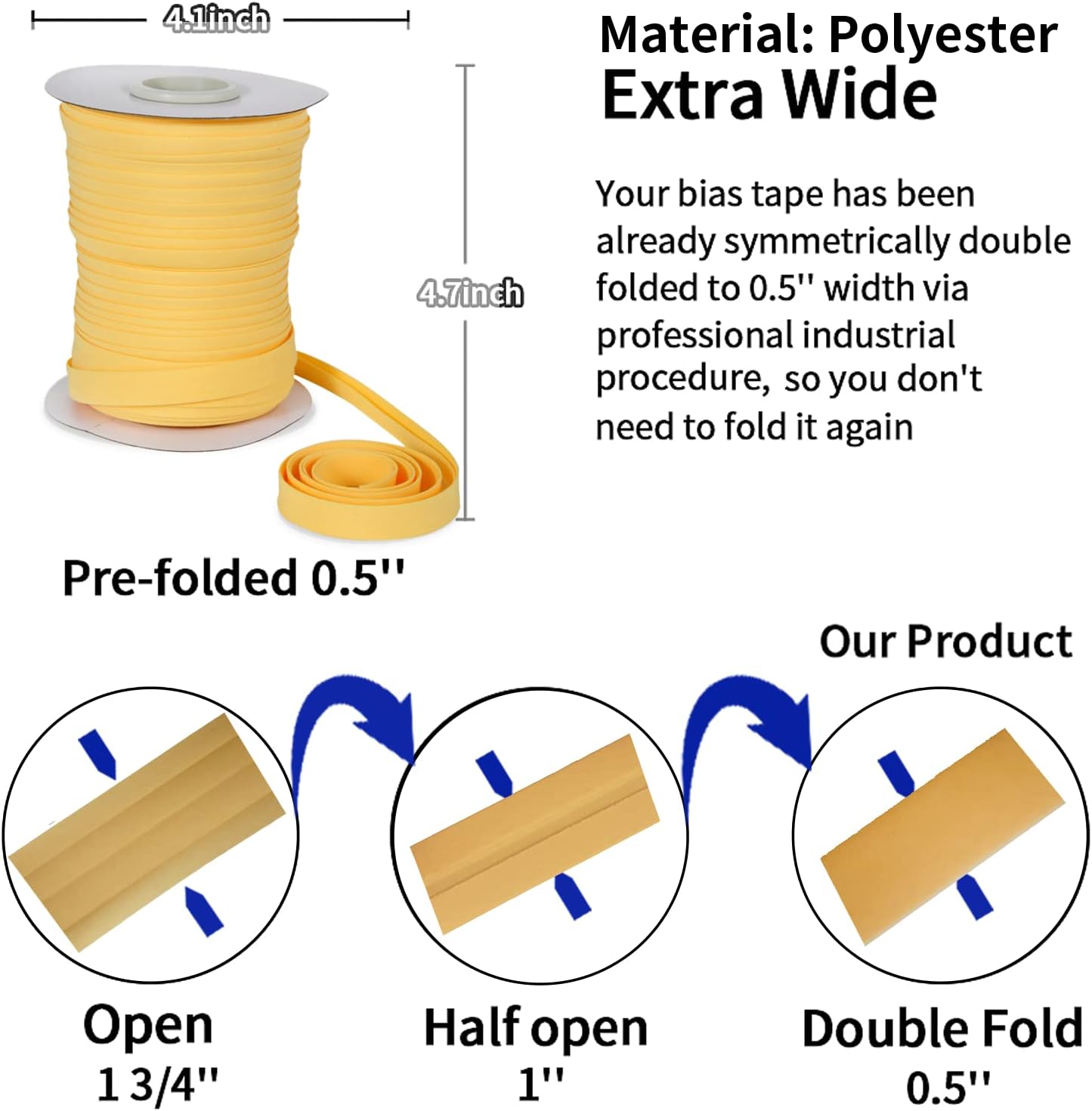 Bias Tape Double Fold 1/2 Inch Orange Yellow 55 Yds for Sewing | Polyester Bias Binding Tape for Quilting, Hemming, Seaming, Piping, Fabric Trim and Crafts, Durable and Flexible