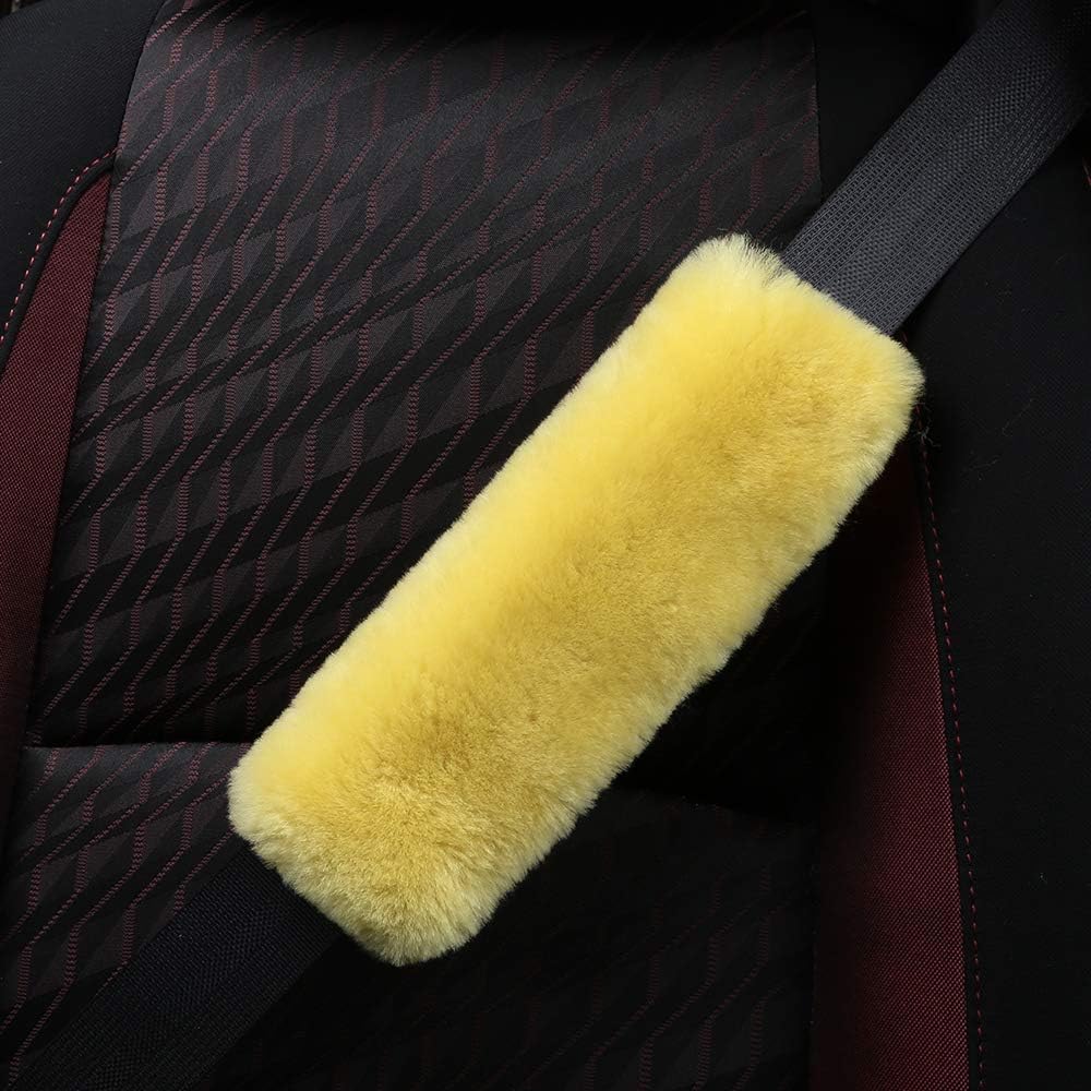 2 Pack Sheepskin Car Seat Belt Cover Pads | Wool Seatbelt Cushions | Fuzzy Soft Seat Belt Should Pad Cushion Protect Neck | Stylish Luxury Appearance | Improve Comfort for Women | Natural Wool
