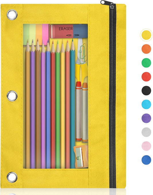 Pencil Pouch for 3 Ring Binder, Binder Pencil Pouch with Smooth Zipper, Clear Window Pencil Case for Binder, Zipper Pencil Pouches, Big Capacity 3 Ring Binder Pencil Bag, Yellow
