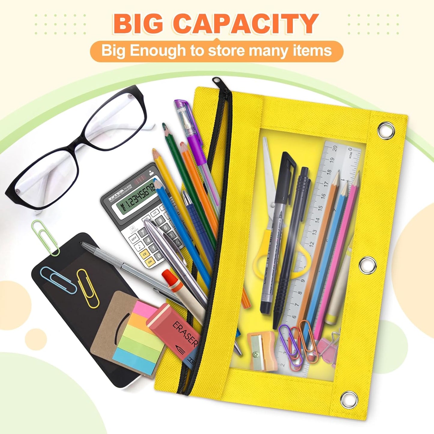 Pencil Pouch for 3 Ring Binder, Binder Pencil Pouch with Smooth Zipper, Clear Window Pencil Case for Binder, Zipper Pencil Pouches, Big Capacity 3 Ring Binder Pencil Bag, Yellow
