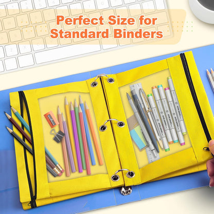 Pencil Pouch for 3 Ring Binder, Binder Pencil Pouch with Smooth Zipper, Clear Window Pencil Case for Binder, Zipper Pencil Pouches, Big Capacity 3 Ring Binder Pencil Bag, Yellow