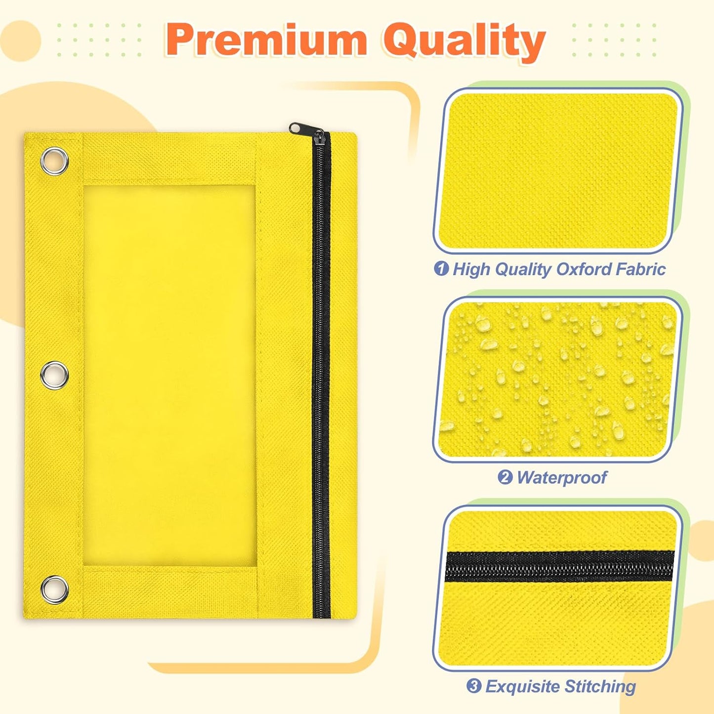 Pencil Pouch for 3 Ring Binder, Binder Pencil Pouch with Smooth Zipper, Clear Window Pencil Case for Binder, Zipper Pencil Pouches, Big Capacity 3 Ring Binder Pencil Bag, Yellow