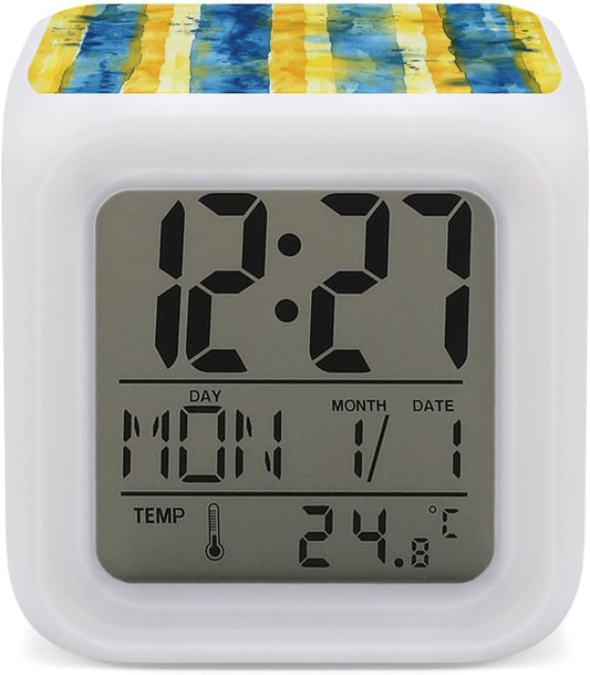 LED Digital Alarm Clock with 7 Color Changing Night Light | Yellow And Blue Pattern, Multi-functional Calendar Temperature Time Date Display, Wake up Clock for Bedroom Bedside Decor