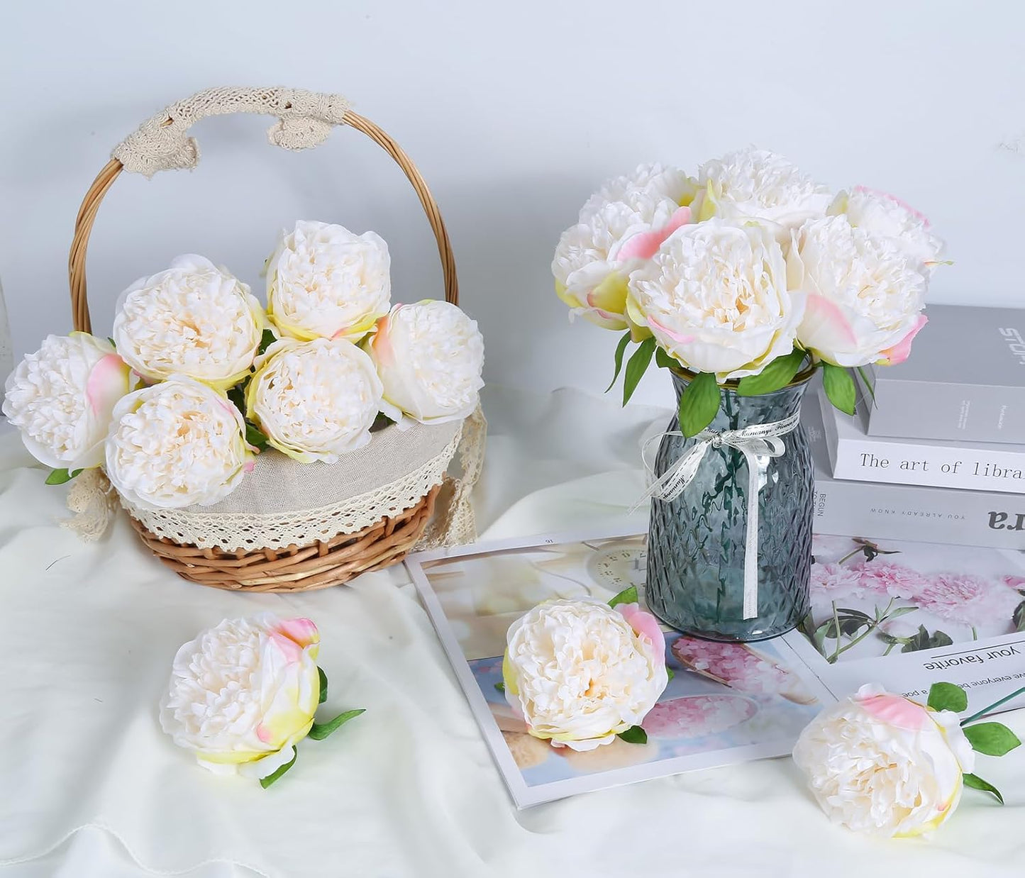 16pcs Peony Artificial Flowers Yellow Fake Peonies Bulks Silk Peonies Flowers Faux Peony Flowers Heads with Stems for Home DIY Wedding Party Festival Baby Shower Decorations (Light Yellow)