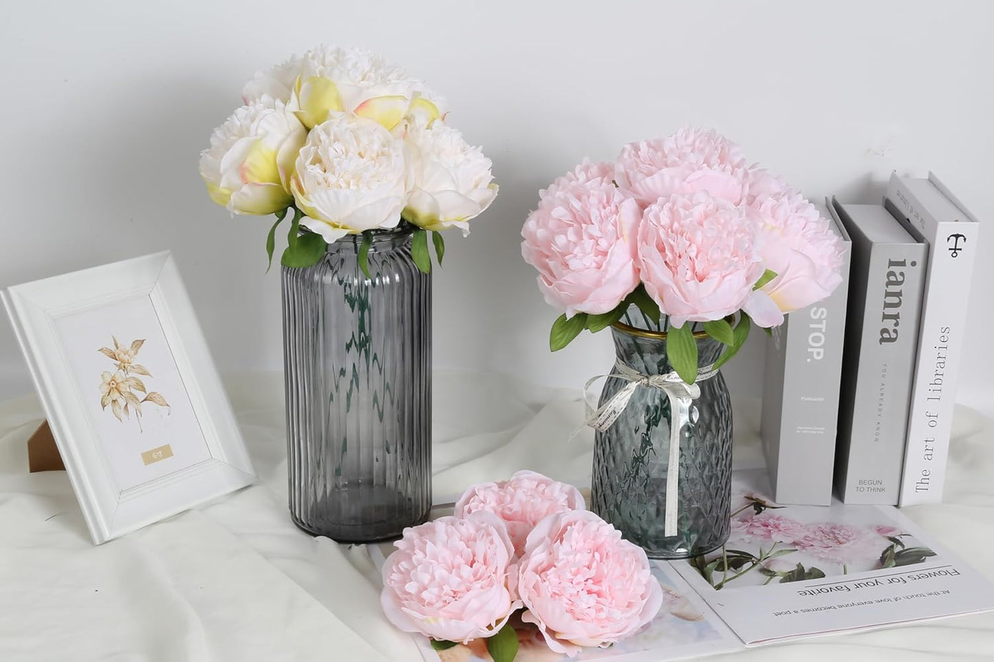 16pcs Peony Artificial Flowers Yellow Fake Peonies Bulks Silk Peonies Flowers Faux Peony Flowers Heads with Stems for Home DIY Wedding Party Festival Baby Shower Decorations (Light Yellow)