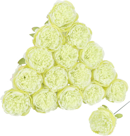 16pcs Peony Artificial Flowers Yellow Fake Peonies Bulks Silk Peonies Flowers Faux Peony Flowers Heads with Stems for Home DIY Wedding Party Festival Baby Shower Decorations (Light Yellow)