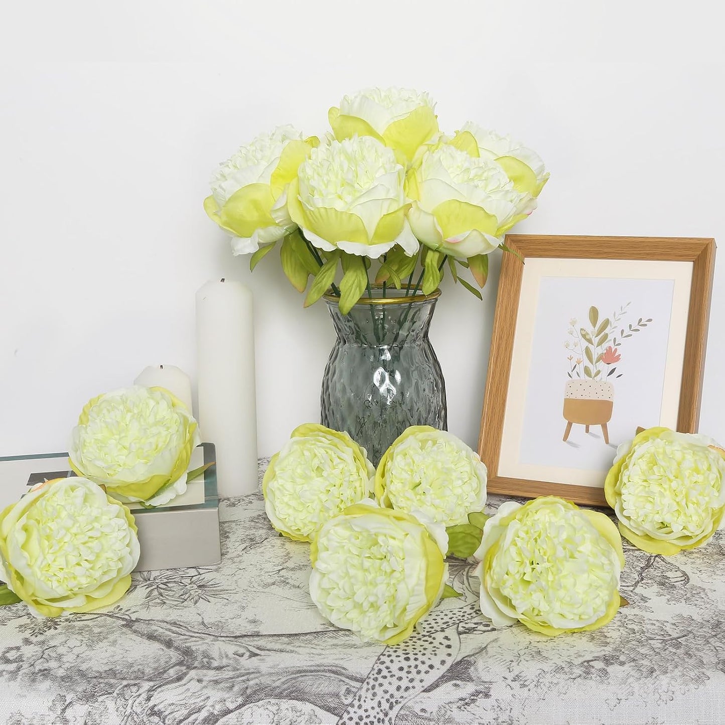 16pcs Peony Artificial Flowers Yellow Fake Peonies Bulks Silk Peonies Flowers Faux Peony Flowers Heads with Stems for Home DIY Wedding Party Festival Baby Shower Decorations (Light Yellow)