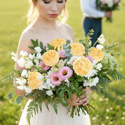 16pcs Peony Artificial Flowers Yellow Fake Peonies Bulks Silk Peonies Flowers Faux Peony Flowers Heads with Stems for Home DIY Wedding Party Festival Baby Shower Decorations (Light Yellow)