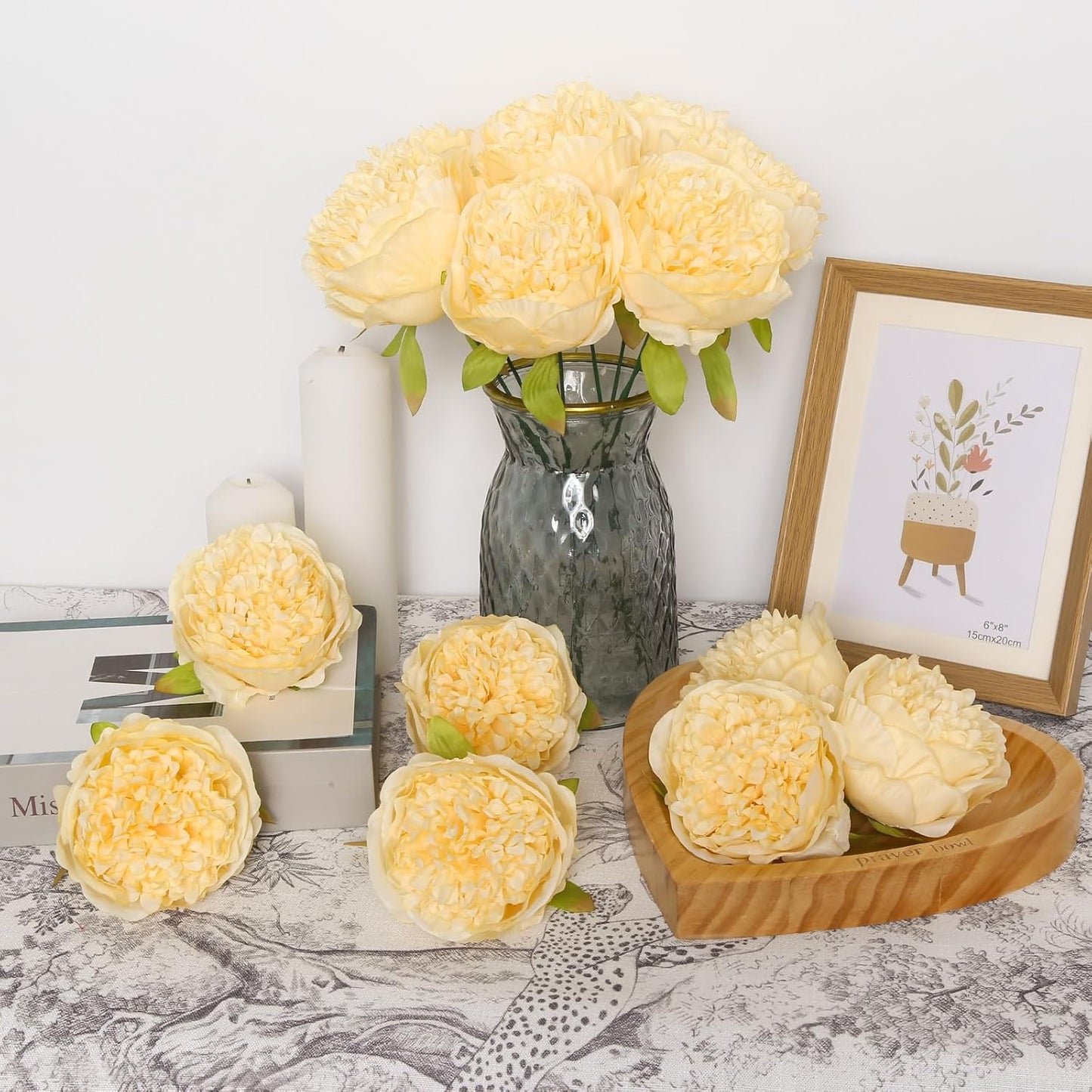 16pcs Peony Artificial Flowers Yellow Fake Peonies Bulks Silk Peonies Flowers Faux Peony Flowers Heads with Stems for Home DIY Wedding Party Festival Baby Shower Decorations (Light Yellow)