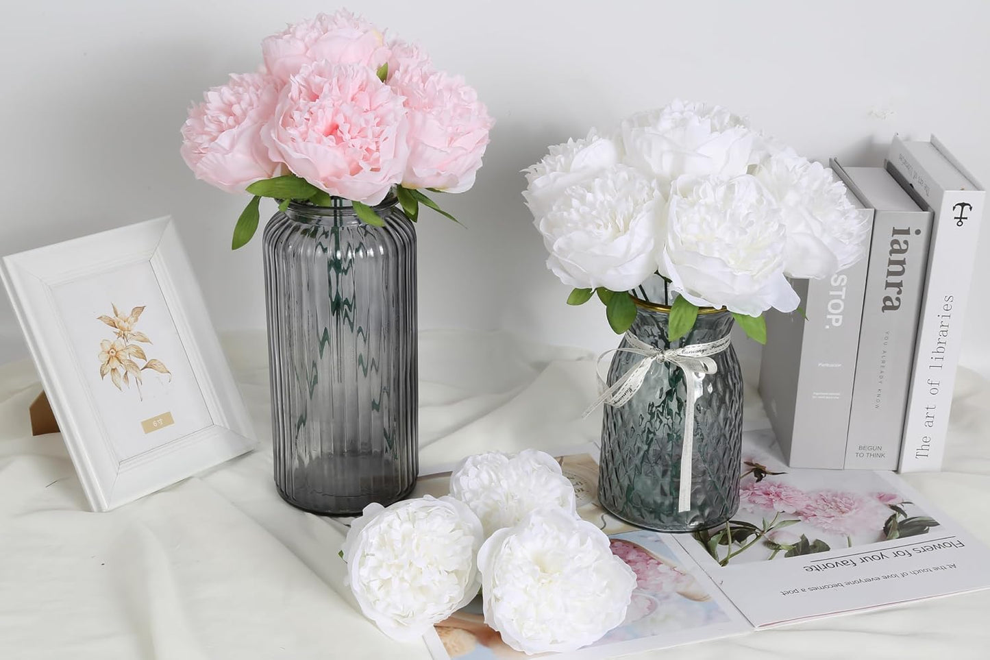 16pcs Peony Artificial Flowers Yellow Fake Peonies Bulks Silk Peonies Flowers Faux Peony Flowers Heads with Stems for Home DIY Wedding Party Festival Baby Shower Decorations (Light Yellow)