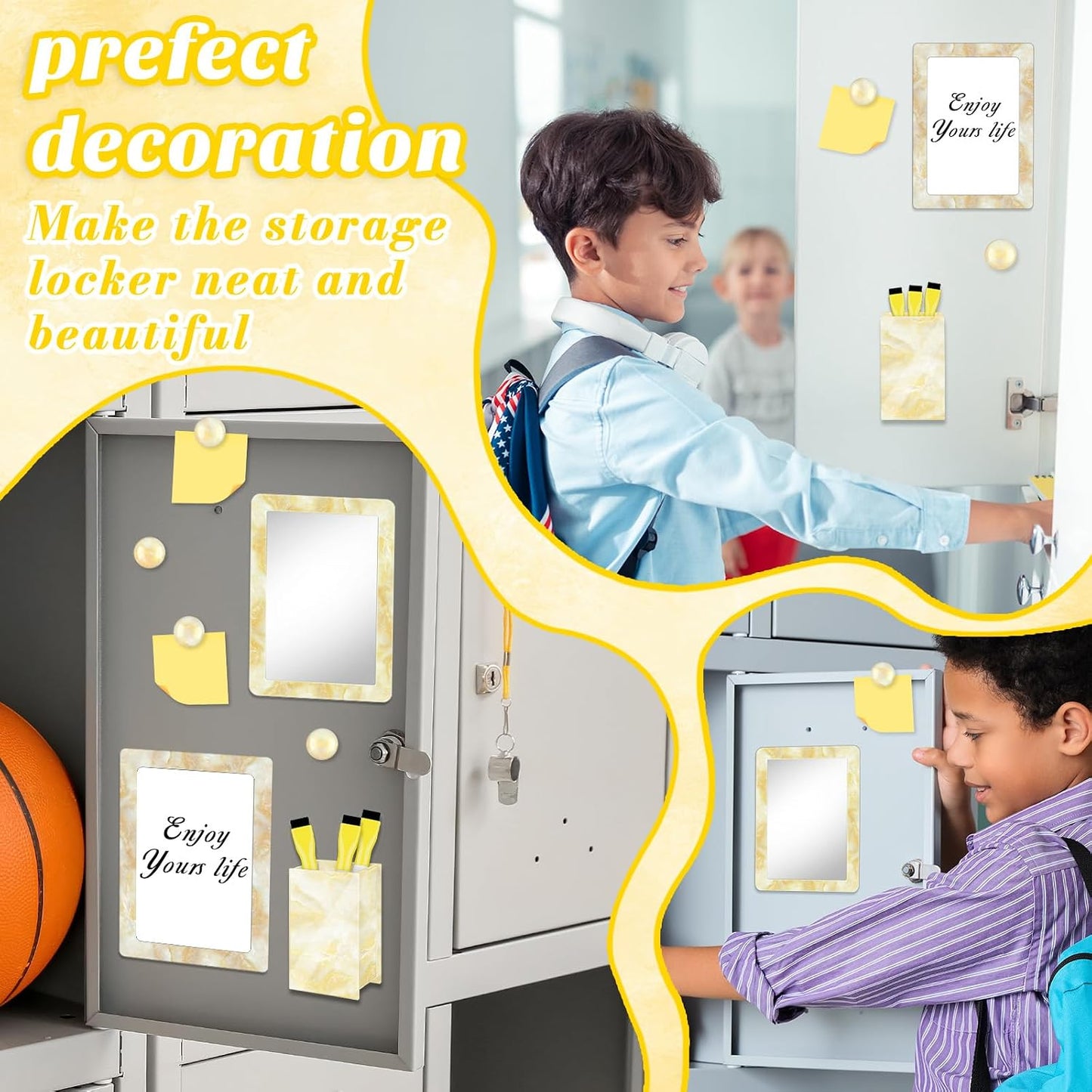 Magnetic Locker Marble Accessories Kit Pale Yellow Back to School Essentials Locker Organizer Supplies Include Mirror Whiteboard Pen with Holder Magnet Magnetic Buckle Back to School Essentials