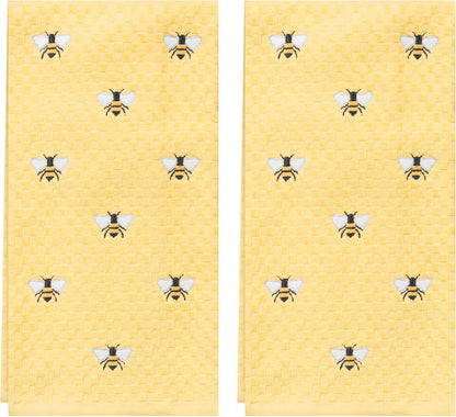 Spring Hand Towels 2 Pack - Allover Bee Yellow Dish Towels Set, 100% Cotton, Yellow Spring Tea Towels, Absorbent & Machine Washable