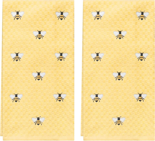 Spring Hand Towels 2 Pack - Allover Bee Yellow Dish Towels Set, 100% Cotton, Yellow Spring Tea Towels, Absorbent & Machine Washable