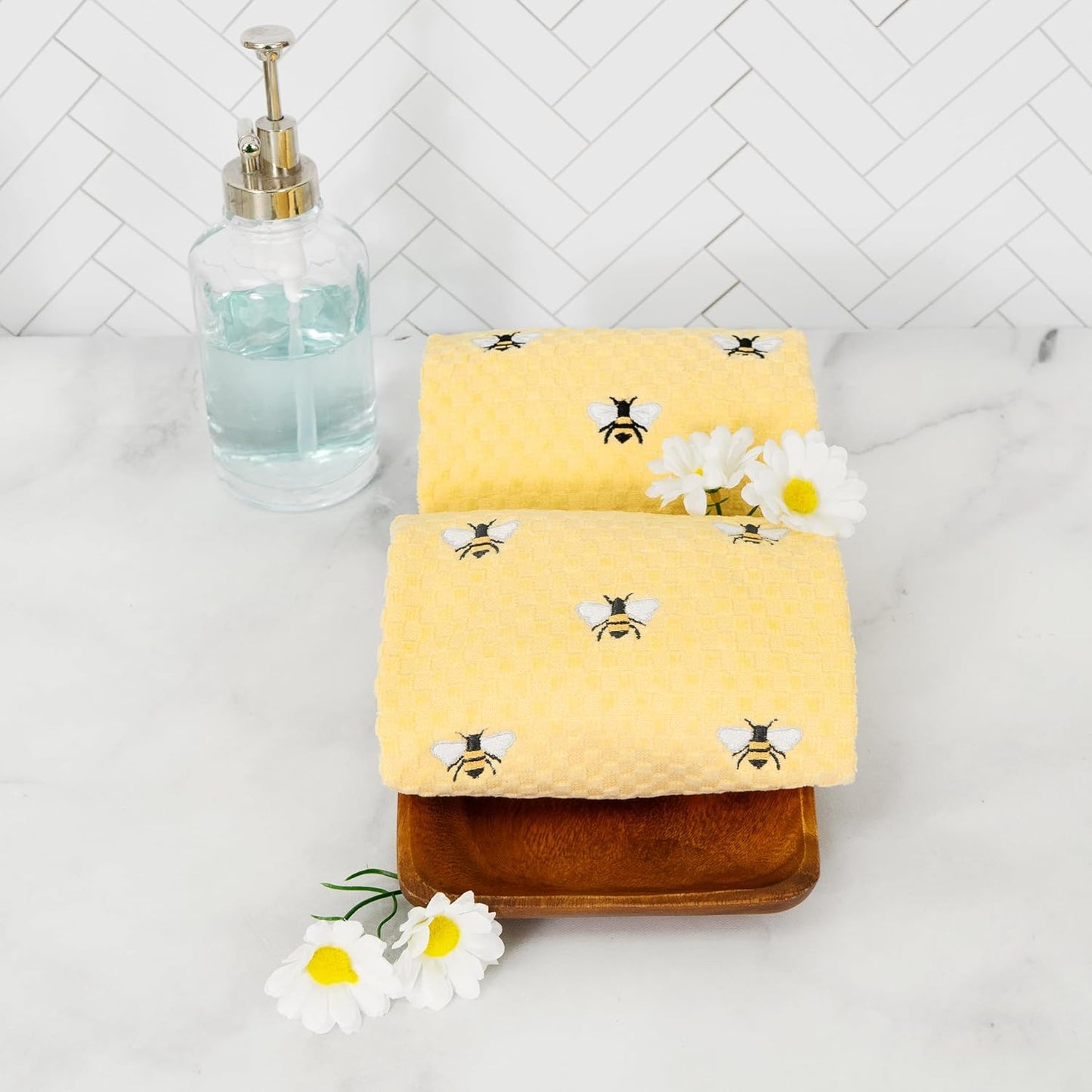 Spring Hand Towels 2 Pack - Allover Bee Yellow Dish Towels Set, 100% Cotton, Yellow Spring Tea Towels, Absorbent & Machine Washable