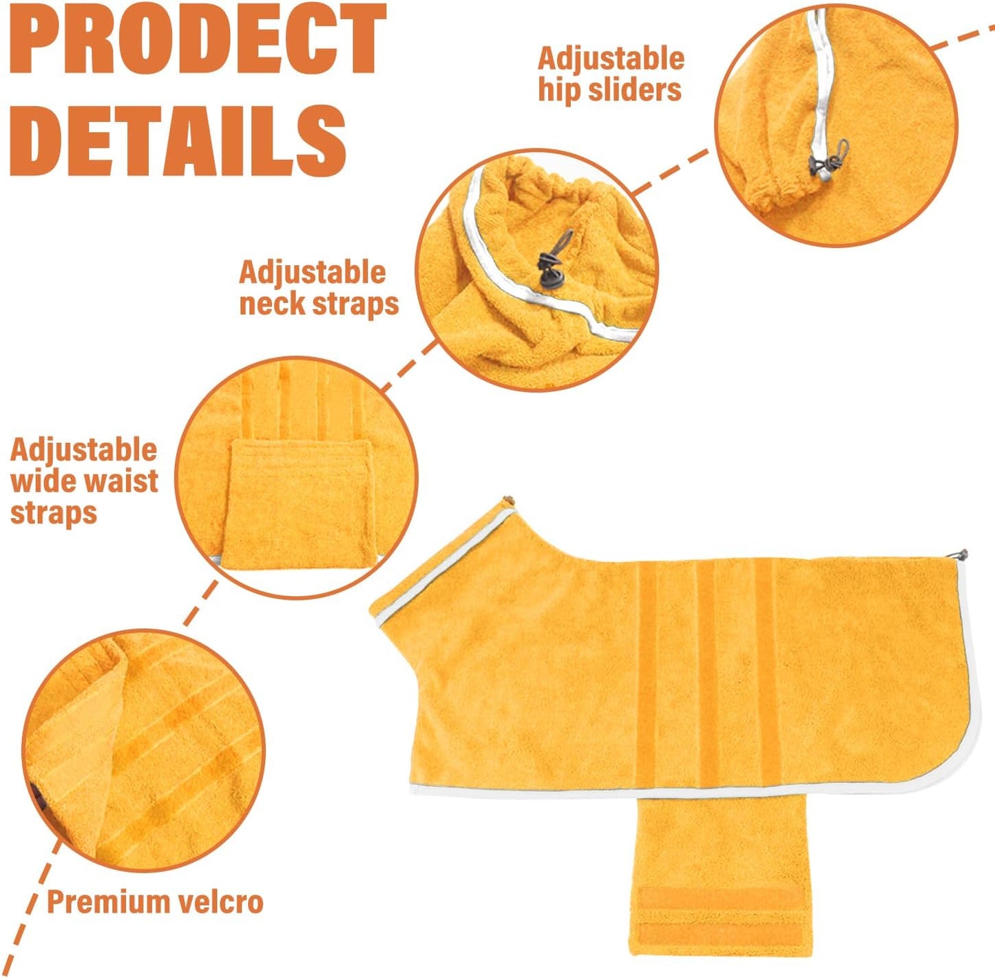 Dog Robe - Fast Drying Towel - Microfiber Super Absorbent Pet Bathrobe, Adjustable Collar & Belly Strap (Yellow, Medium)