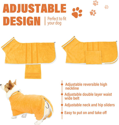 Dog Robe - Fast Drying Towel - Microfiber Super Absorbent Pet Bathrobe, Adjustable Collar & Belly Strap (Yellow, Medium)