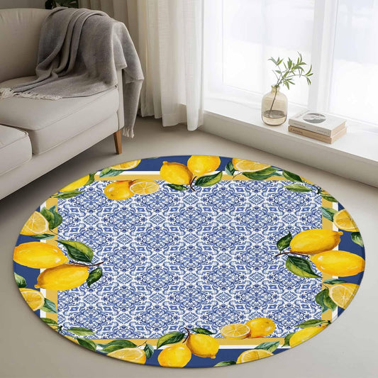 Round Rugs 3ft, Blue Yellow Lemon Area Rugs for Living Room Washable Rug, Summer Country Fruits Italian Style Non Slip Low Pile Indoor Carpet Circle Rug for Entryway Bedroom Bathroom Kitchen