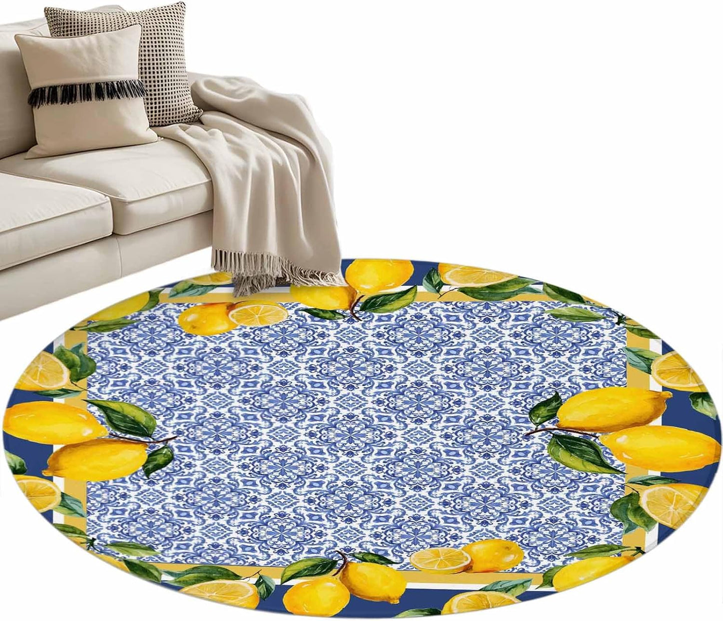Round Rugs 3ft, Blue Yellow Lemon Area Rugs for Living Room Washable Rug, Summer Country Fruits Italian Style Non Slip Low Pile Indoor Carpet Circle Rug for Entryway Bedroom Bathroom Kitchen