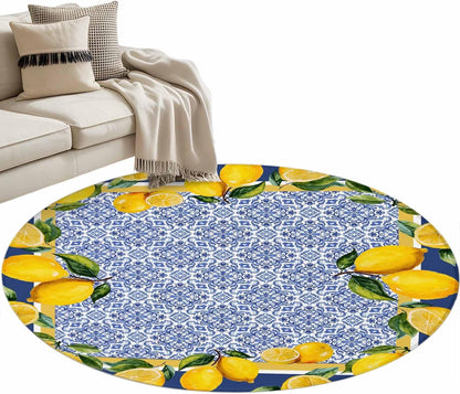 Round Rugs 3ft, Blue Yellow Lemon Area Rugs for Living Room Washable Rug, Summer Country Fruits Italian Style Non Slip Low Pile Indoor Carpet Circle Rug for Entryway Bedroom Bathroom Kitchen