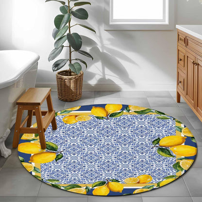 Round Rugs 3ft, Blue Yellow Lemon Area Rugs for Living Room Washable Rug, Summer Country Fruits Italian Style Non Slip Low Pile Indoor Carpet Circle Rug for Entryway Bedroom Bathroom Kitchen