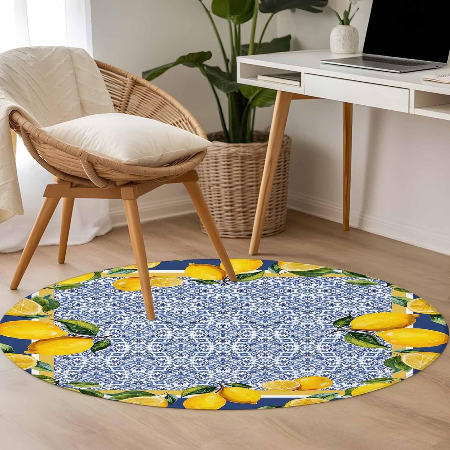 Round Rugs 3ft, Blue Yellow Lemon Area Rugs for Living Room Washable Rug, Summer Country Fruits Italian Style Non Slip Low Pile Indoor Carpet Circle Rug for Entryway Bedroom Bathroom Kitchen