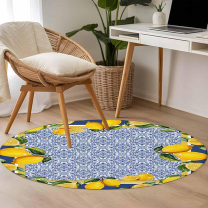 Round Rugs 3ft, Blue Yellow Lemon Area Rugs for Living Room Washable Rug, Summer Country Fruits Italian Style Non Slip Low Pile Indoor Carpet Circle Rug for Entryway Bedroom Bathroom Kitchen
